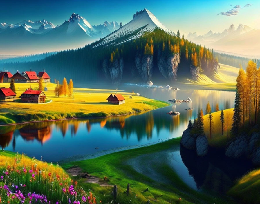 Tranquil landscape with reflective lake, wildflowers, greenery, houses, snow-capped mountains