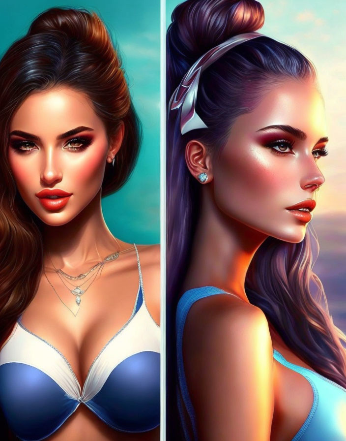 Stylized digital portraits: Woman with striking makeup and hair, wearing different colored tops on gradient backgrounds