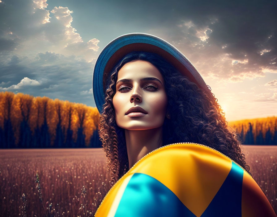 Curly-haired woman in colorful outfit and blue hat in autumn field.