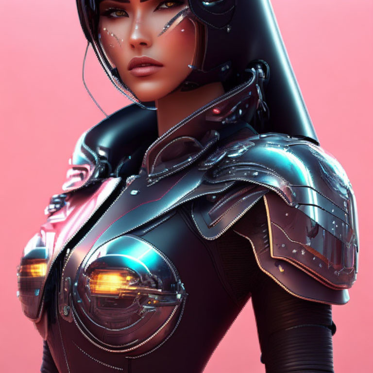 Female android in black armor with glowing orange eyes on pink background