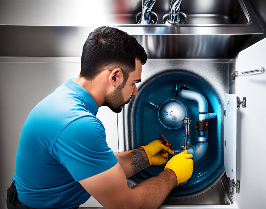 Technician fixing kitchen sink underneath with tools and wearing blue shirt and gloves