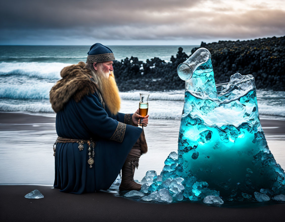 Bearded Viking in traditional attire with tankard beside glowing ice sculpture on dark sandy beach