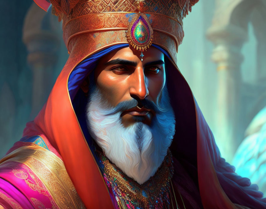 Bearded character in jeweled turban against palace backdrop