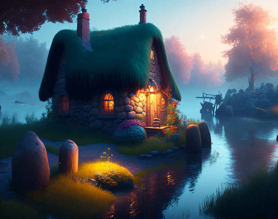 Thatched roof stone cottage by serene lake at twilight