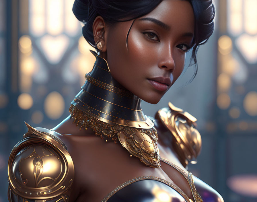 Detailed 3D-rendered woman in golden armor with futuristic design on blurred architectural background