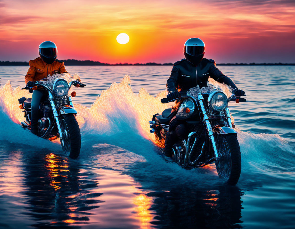 Motorcyclists riding on water at sunset with waves and low sun