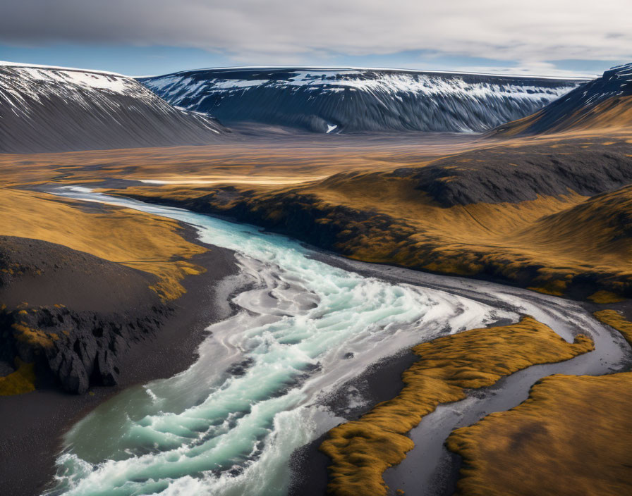 Aerial View of Turbulent River in Volcanic Landscape