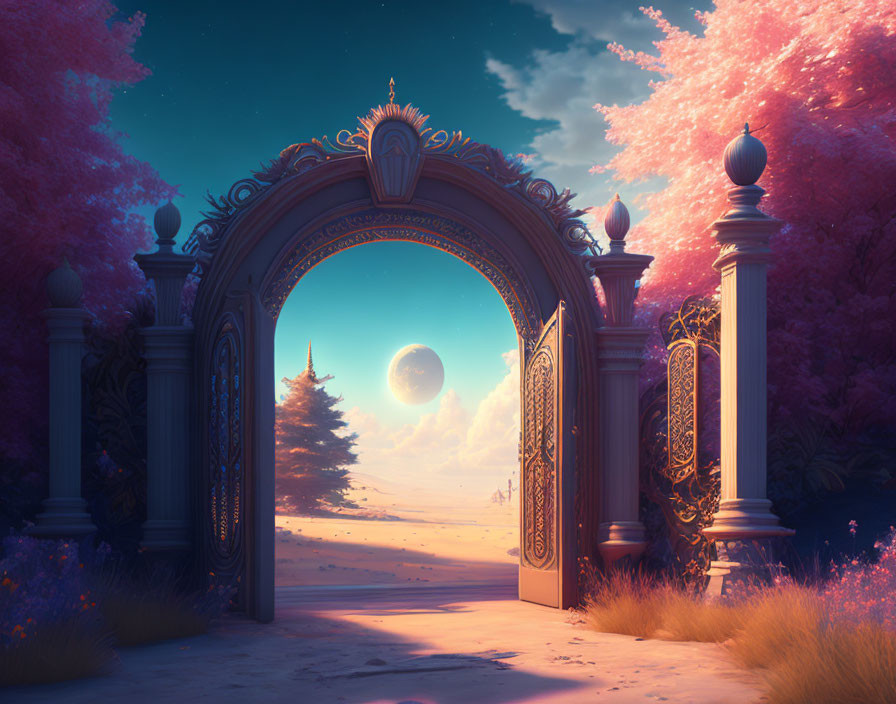 Open archway framing beach under pink sky with moon and flowering trees