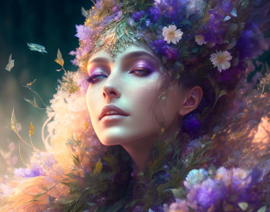 Ethereal woman with flower crown in soft glow and floating petals