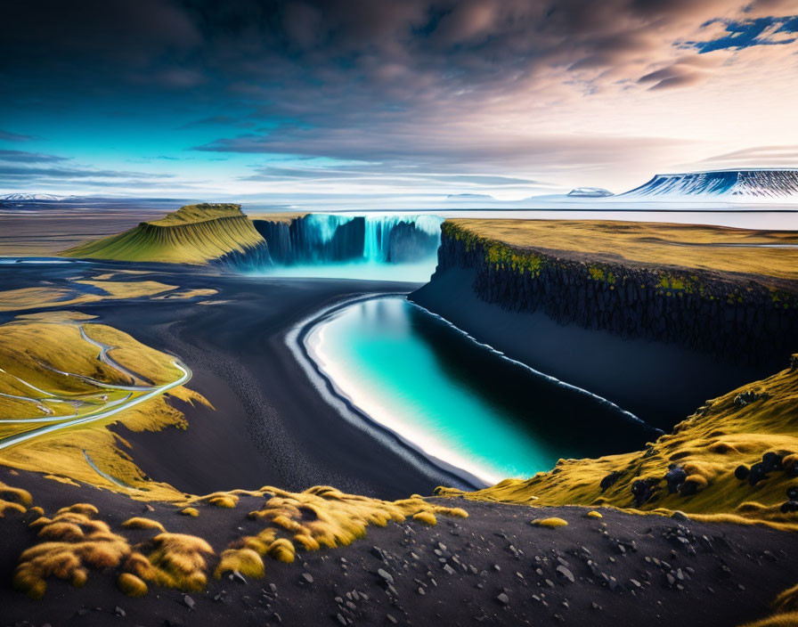 Dramatic waterfall in surreal landscape with turquoise pool