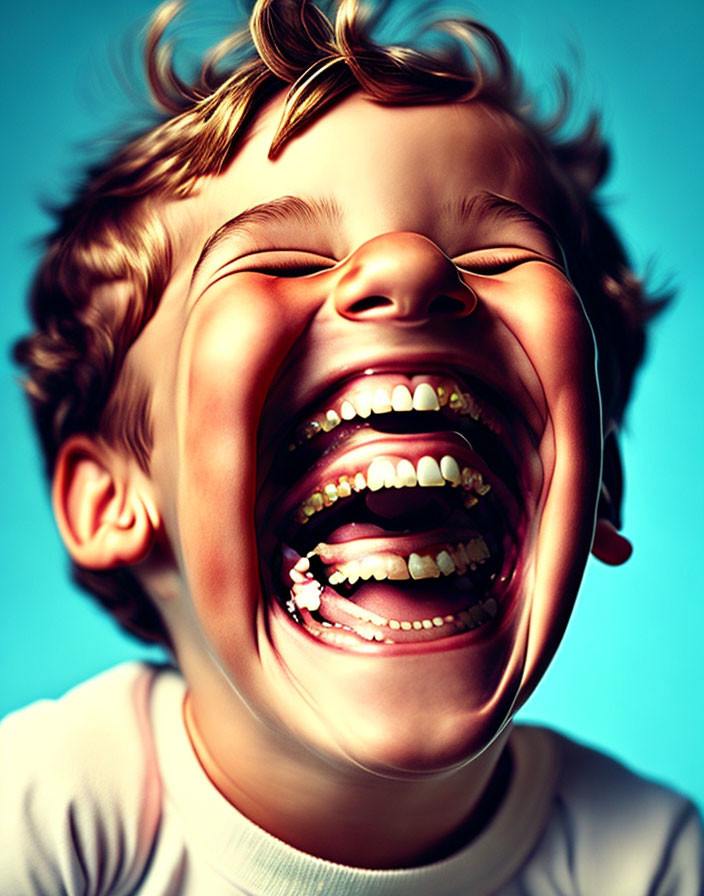 Exaggerated laughing child with wide-open mouth and detailed teeth on blue background