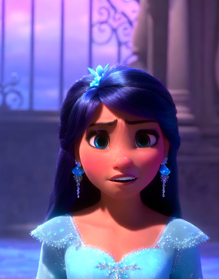 3D animated character with long dark hair in blue dress and surprised expression