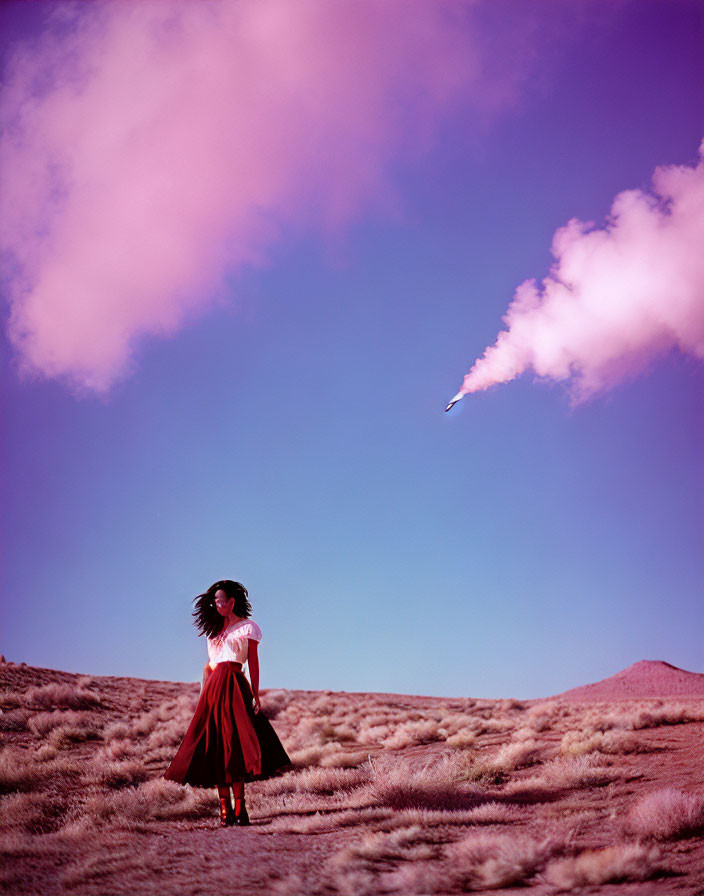 Woman in red skirt and white blouse gazes at bird in pink-clouded sky