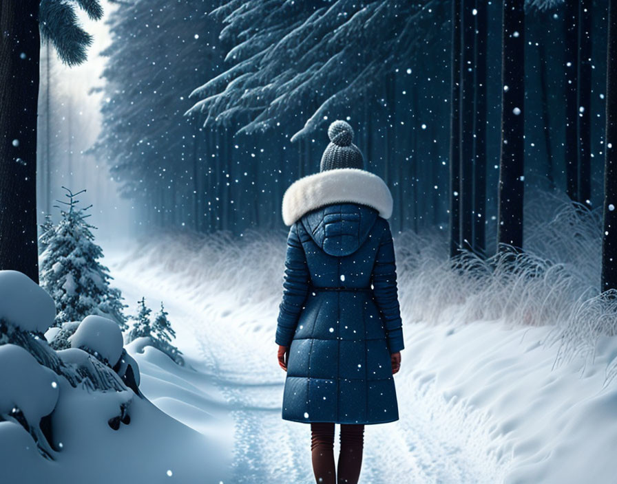 Person in Blue Winter Coat Standing in Snowy Forest Path