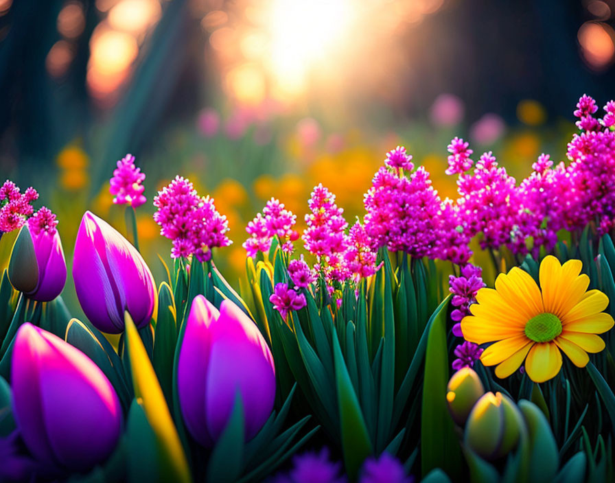 Colorful garden with purple tulips, pink flowers, and yellow daisy at sunset