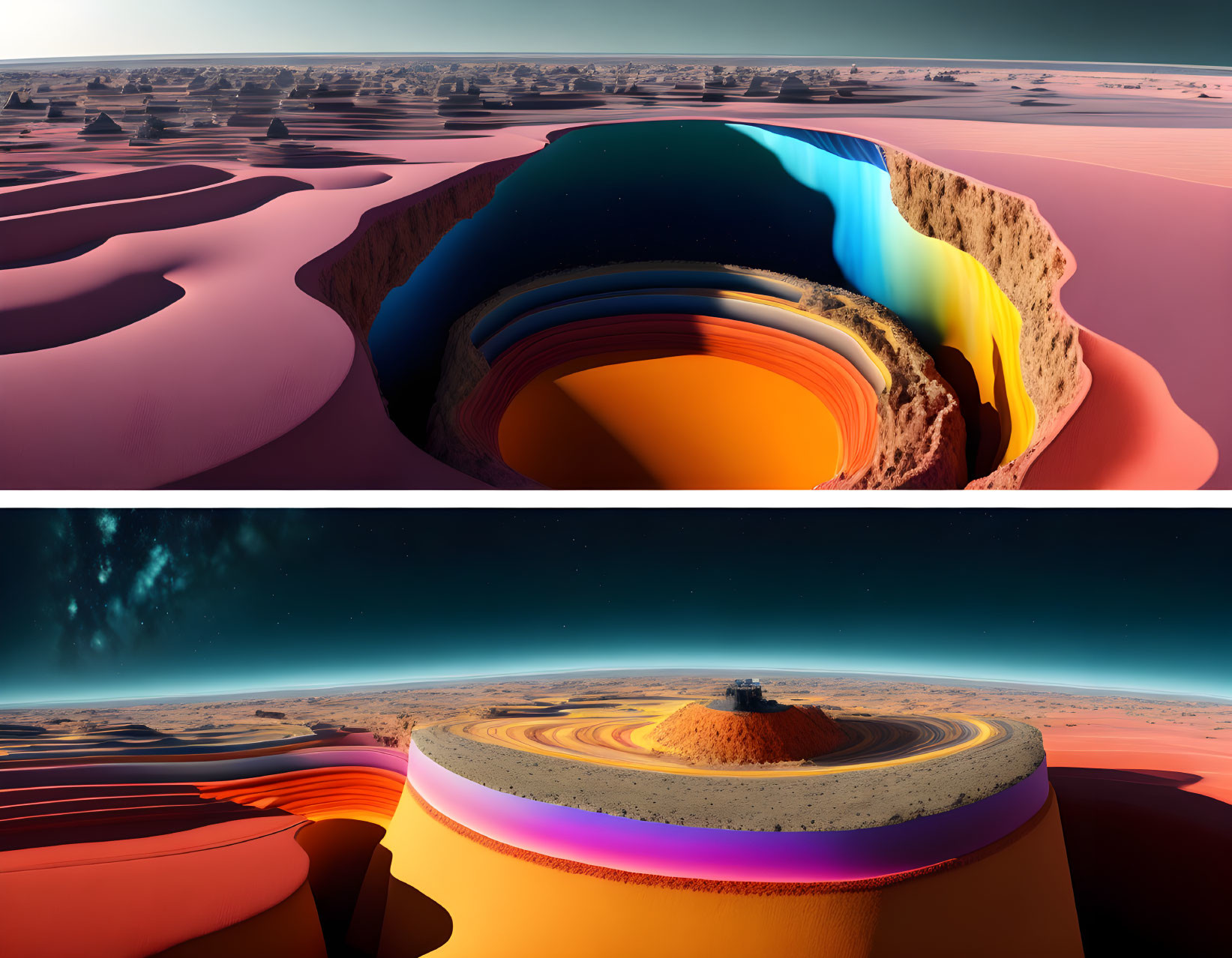 Layered colorful geological formations in surreal desert landscapes