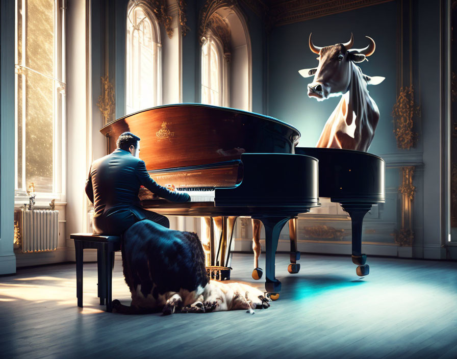 Man in suit plays grand piano with cow and dog in elegant room