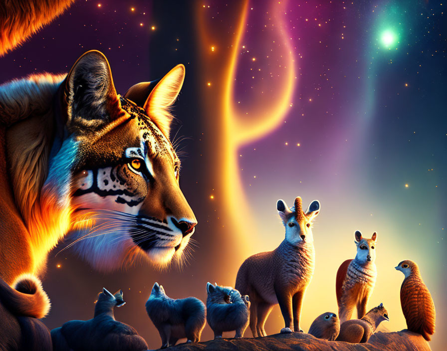 Colorful Tiger with Kangaroos, Rodents, and Birds in Cosmic Night Sky