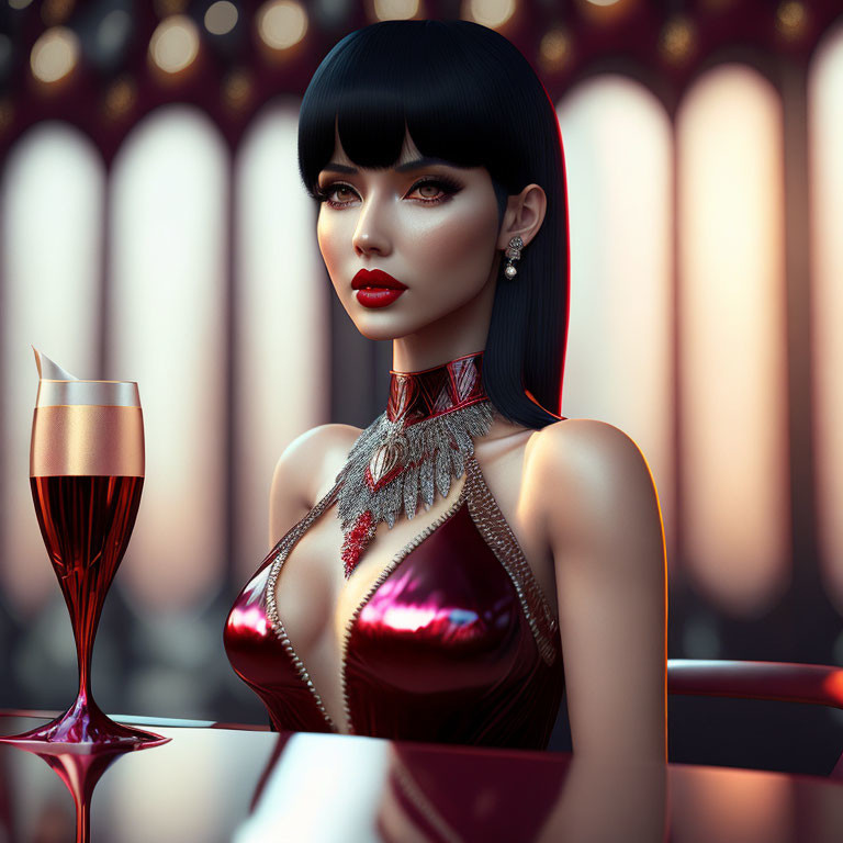 Woman with Black Hair in Red Dress Holding Wine Glass in Luxurious Setting