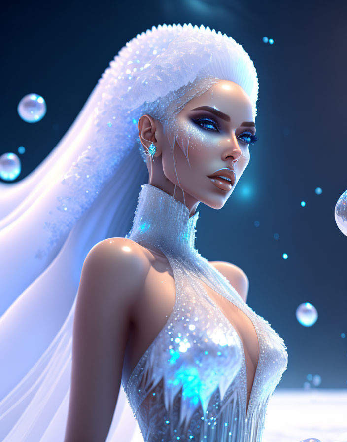 Elegant Female Figure in White Attire with Blue Makeup surrounded by Glowing Bubbles