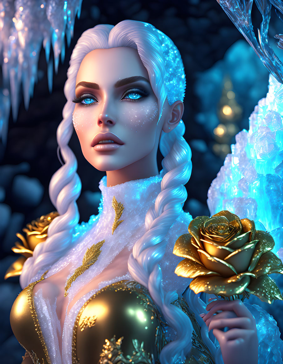 Fantasy ice queen digital portrait with golden rose and luminescent crystals