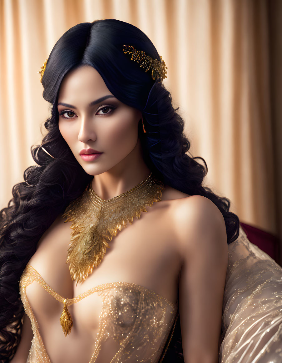 Woman with Long Wavy Black Hair and Golden Accessories on Cream Background