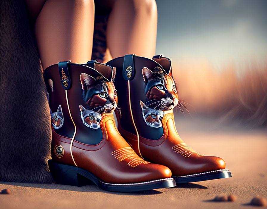 Brown Cowboy Boots with Cat Face Designs on Sandy Ground