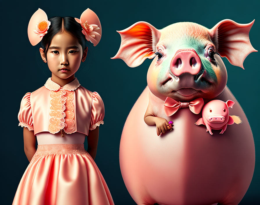 Girl in Pink Dress with Hair Bows Standing Next to Animated Pig in Bow Tie Holding Small Pig Toy