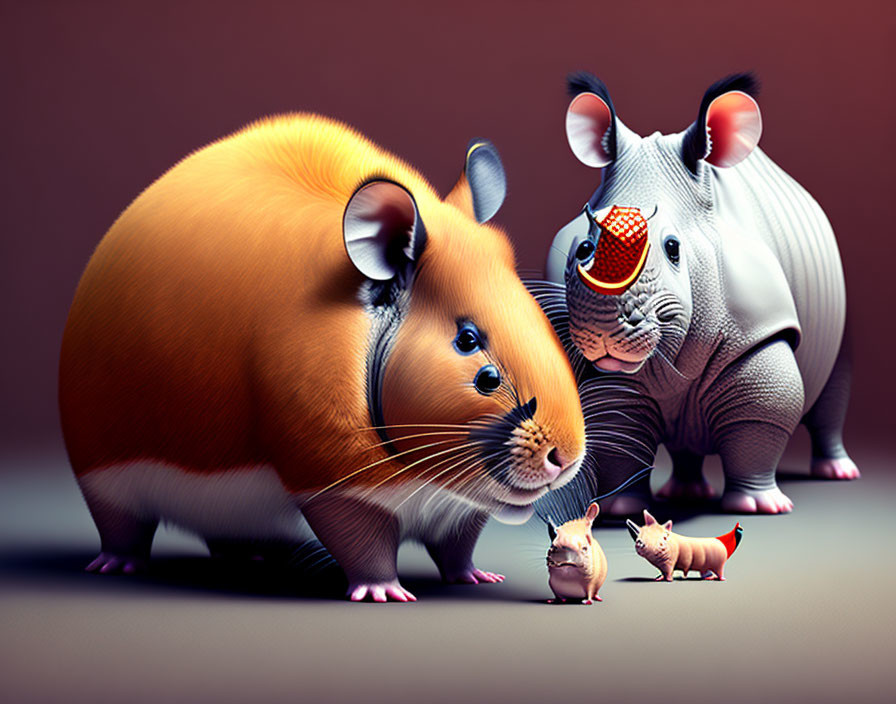 Colorful whimsical illustration of oversized chubby rodents as guinea pig, rhino, and tiny animals