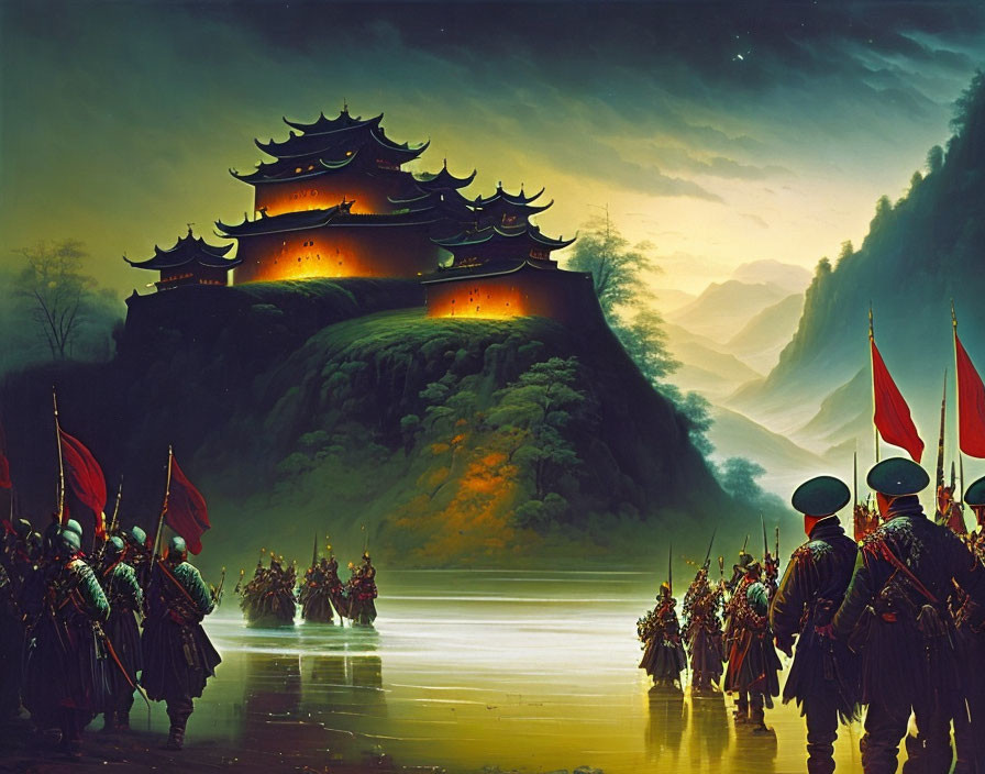 Illuminated ancient palace on hill with soldiers carrying red flags