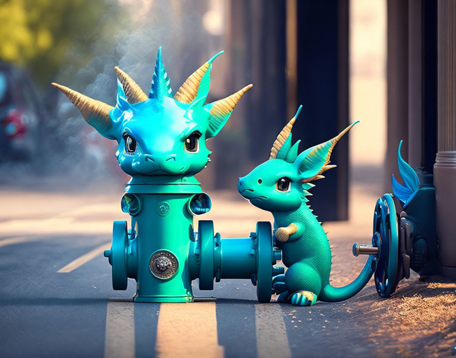 Stylized animated dragons on fire hydrant with urban background