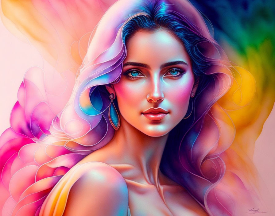 Colorful digital artwork of a woman with multicolored hair and abstract background