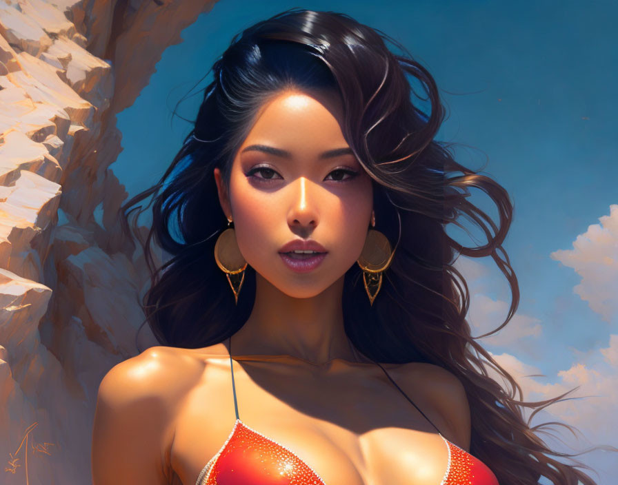 Digital portrait of woman with flowing hair and hoop earrings in red top against blue sky.