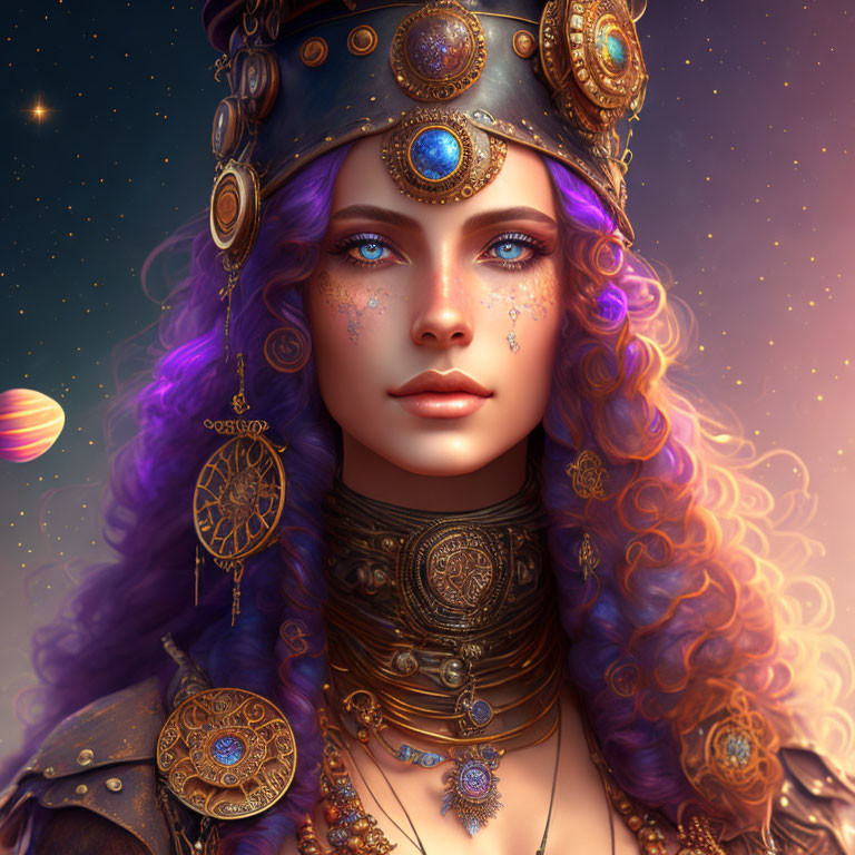 Fantasy digital art portrait of woman with violet hair and ornate helmet against starry backdrop