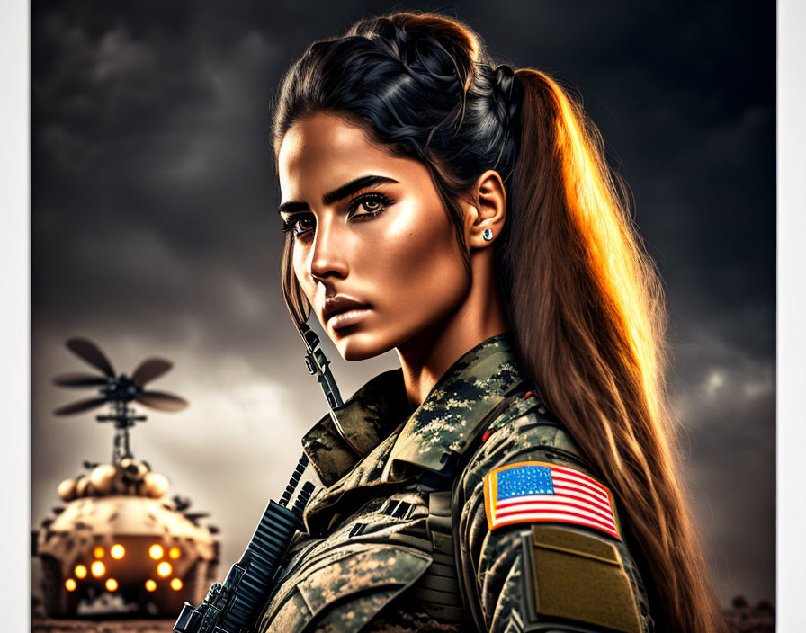 Female soldier in military attire holding rifle under dramatic sky