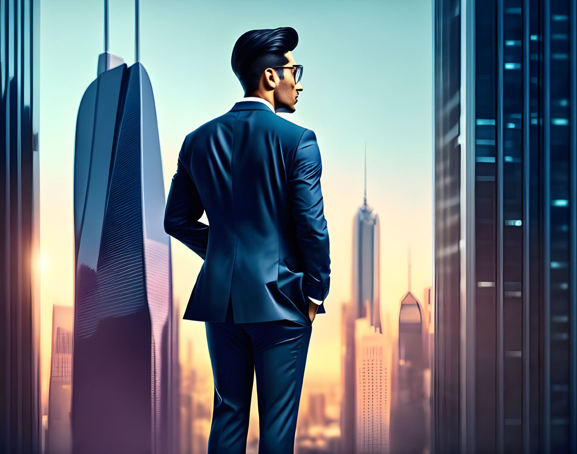 Man in Suit Gazes at Cityscape with Sunset Skyscrapers