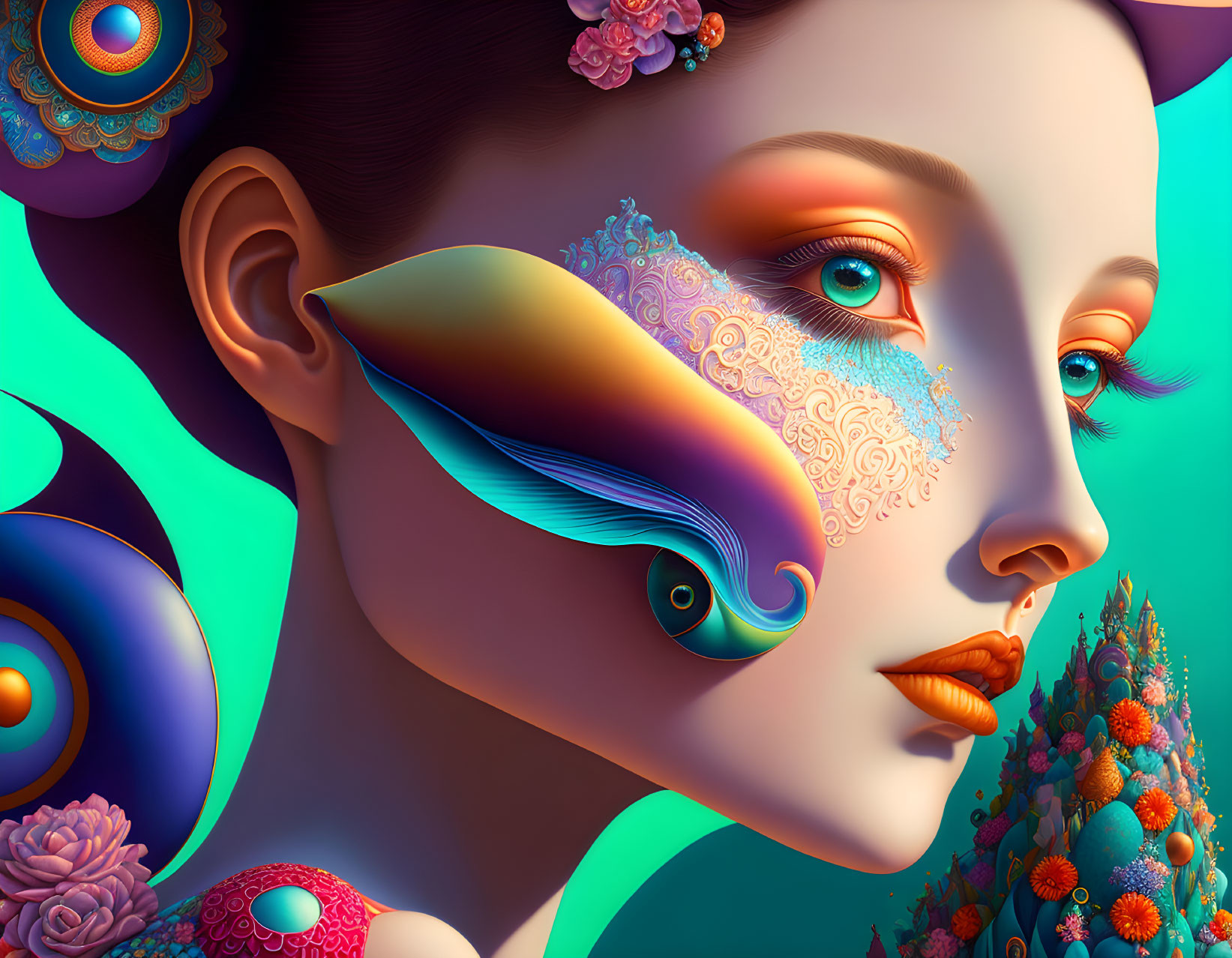 Colorful digital artwork featuring woman with patterned mask and floral details