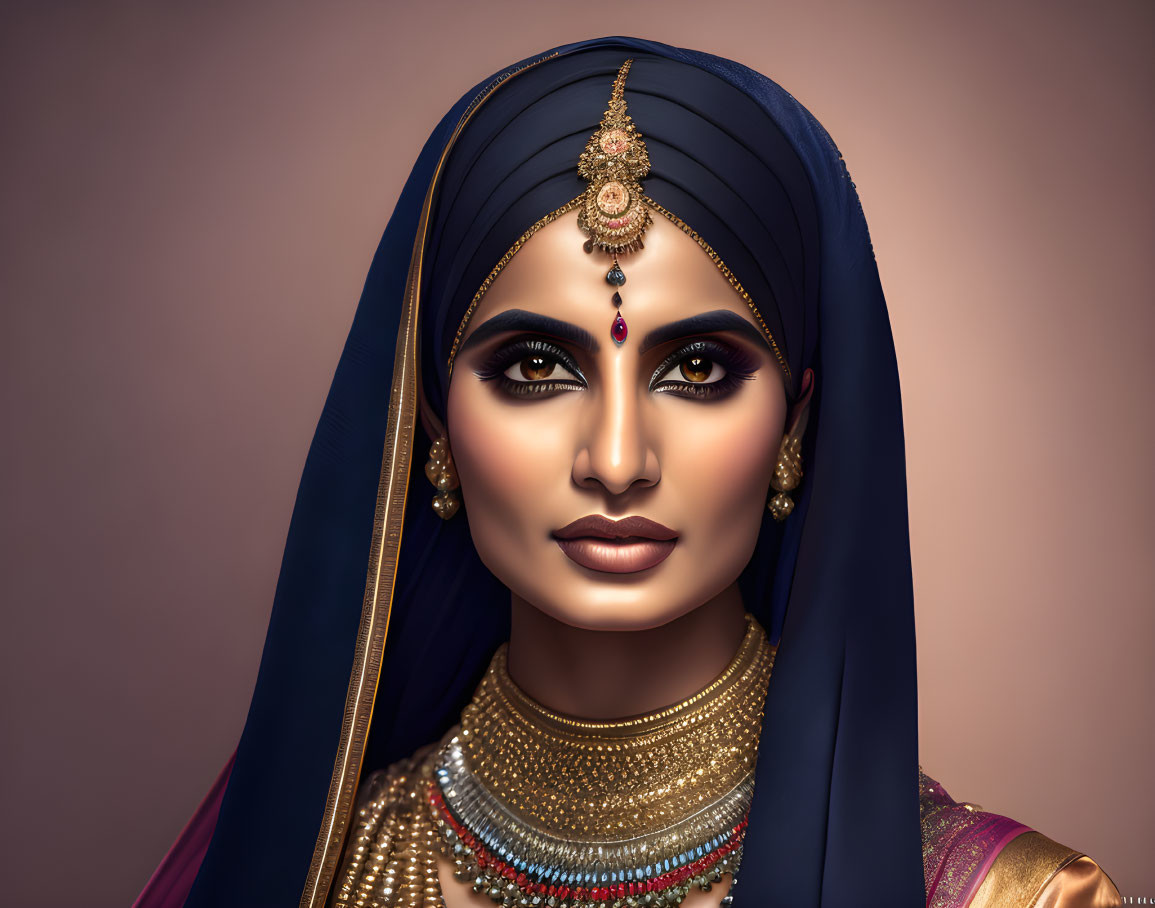 Digital portrait of woman in blue headscarf with Indian jewelry.