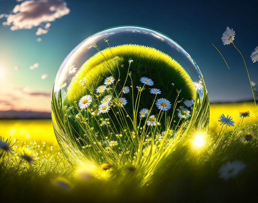 Colorful sphere with green meadow and daisies under sunset sky