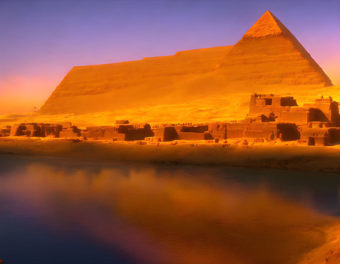 Great Pyramid of Giza at Sunset by Nile River