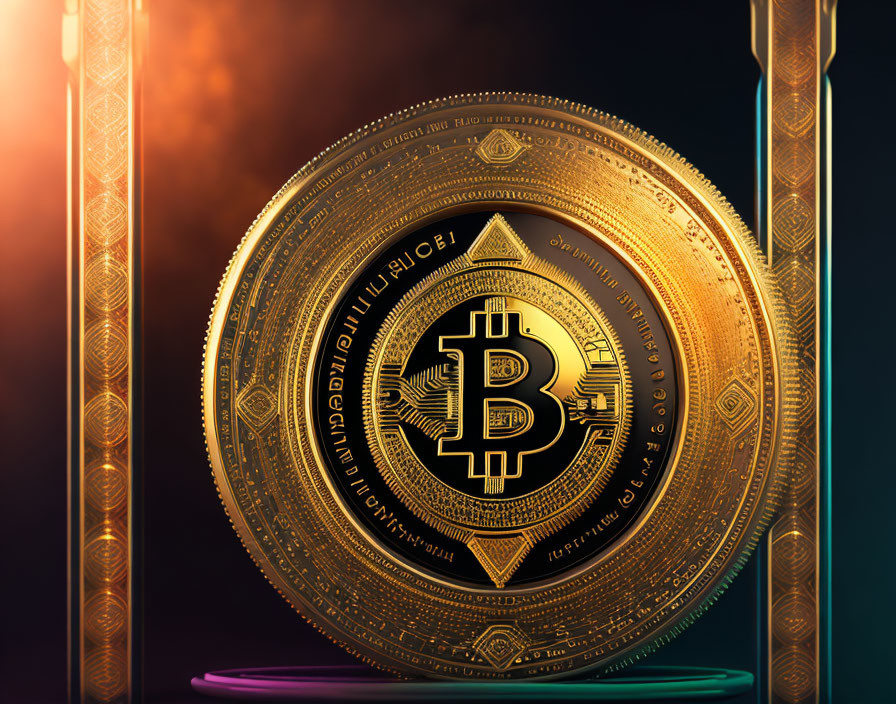 Intricately designed golden Bitcoin on dark background with glowing edge