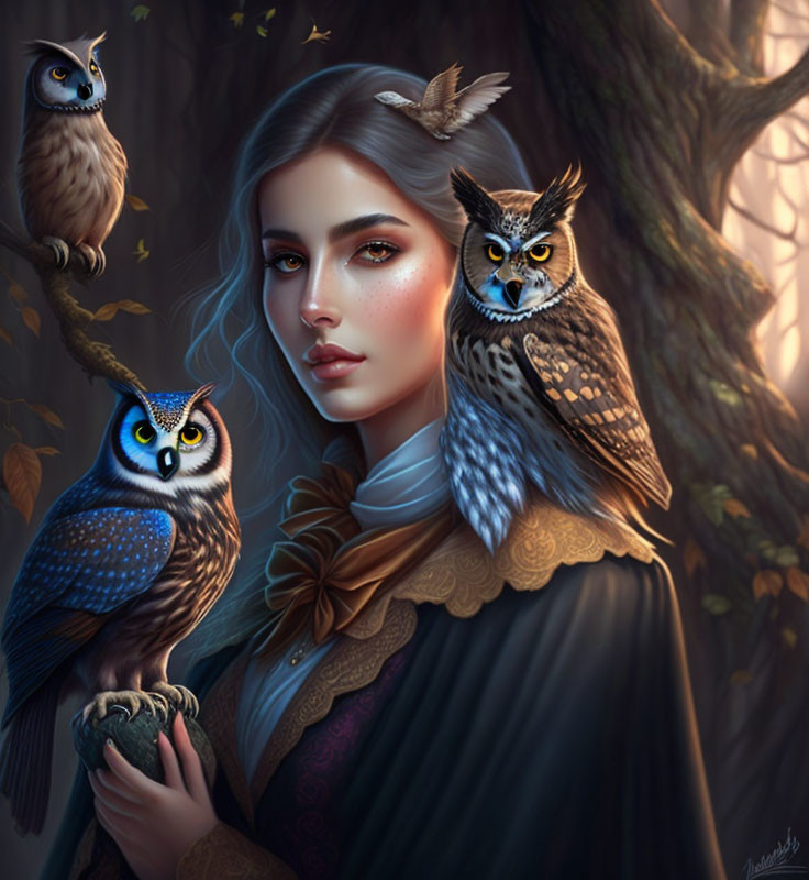 Gray-haired woman with blue scarf surrounded by three realistic owls