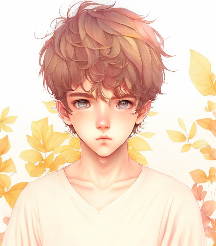 Illustration of a boy with curly brown hair in autumn setting