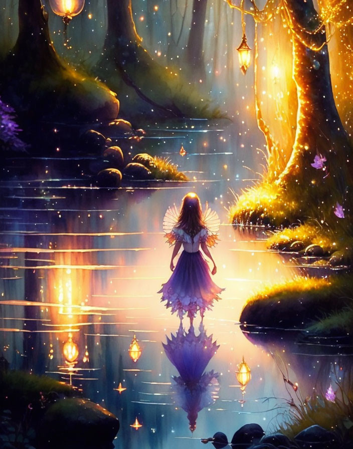 Enchanted forest with fairy figure by tranquil pond