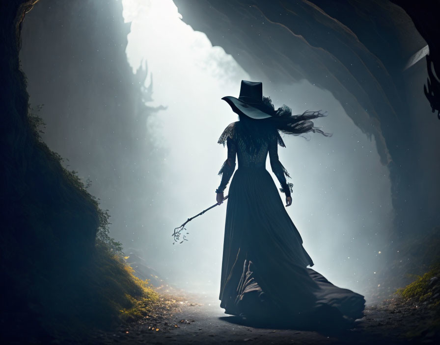 Silhouetted figure in long dress and hat holding staff in misty cave entrance