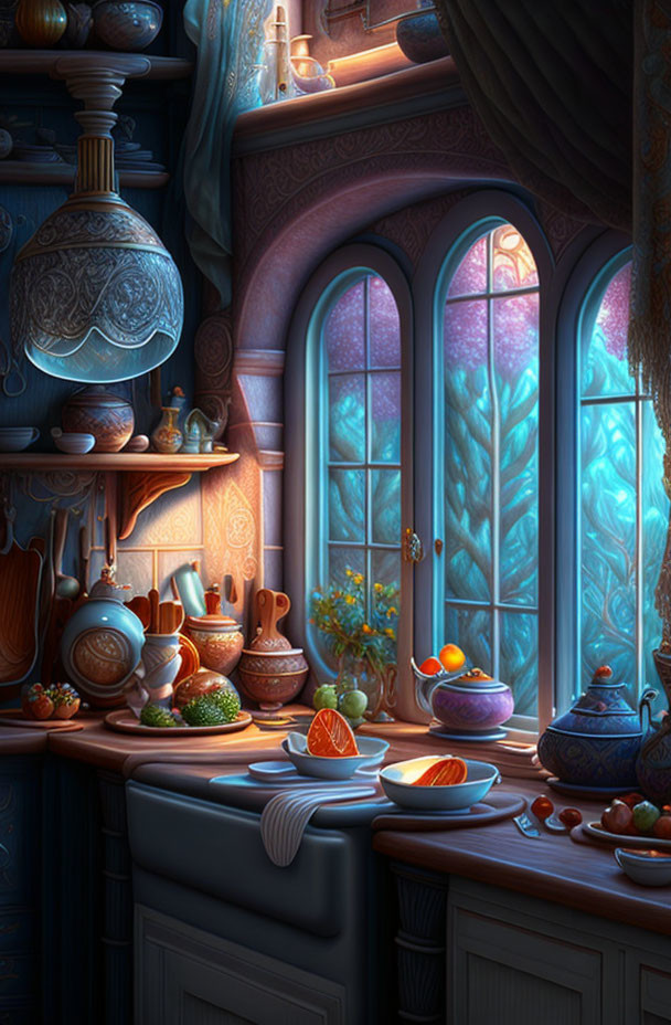 Dimly-lit Kitchen Overlooking Mystical Garden with Pottery and Fruits