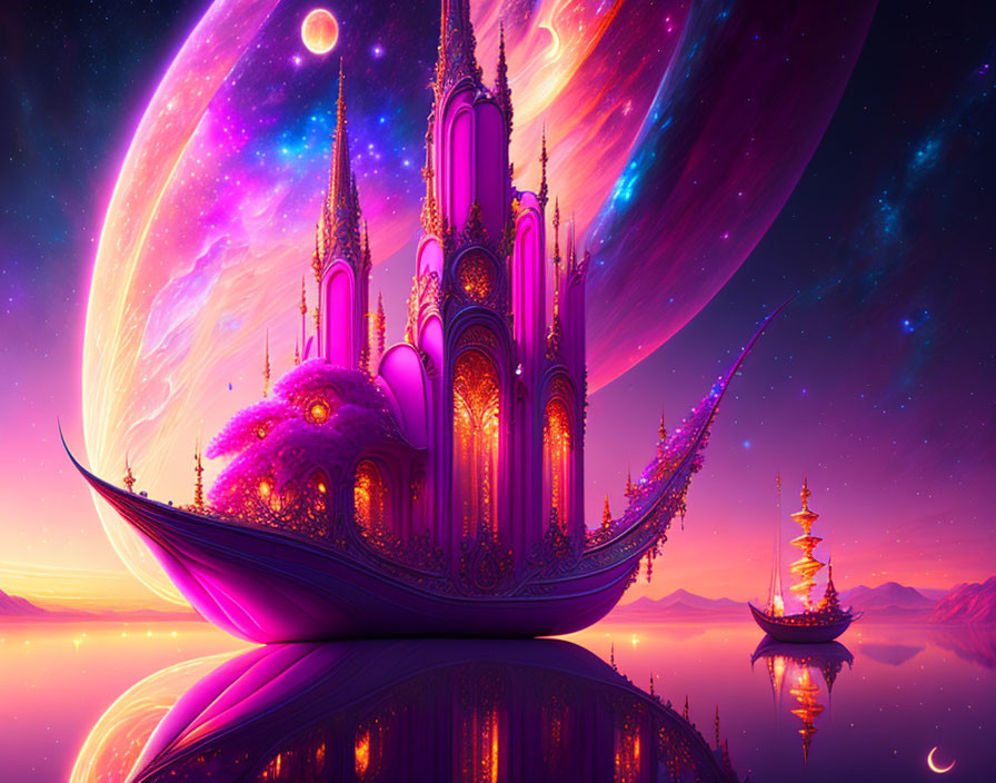 Vibrant purple and pink castle on ship-like structure in alien sea