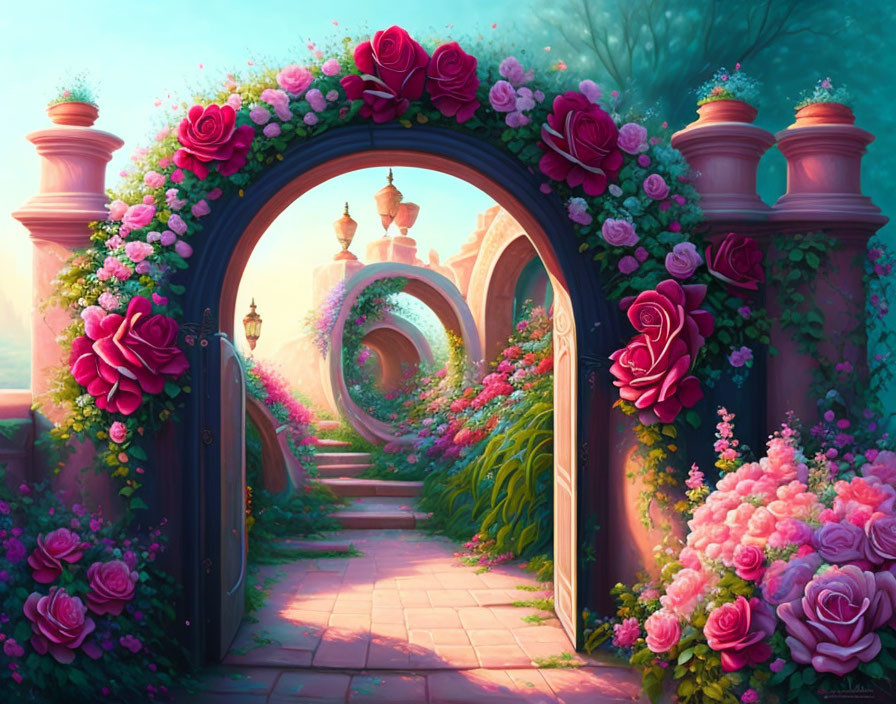 Lush Pink Rose Garden Pathway with Arches and Sunlit Clearing