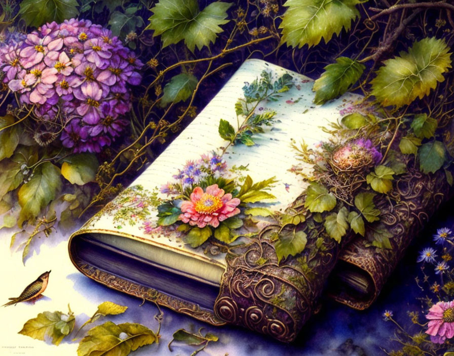 Ornate floral journal surrounded by greenery and bird