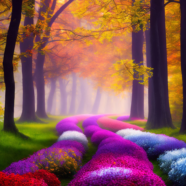 Colorful Flower-Lined Path in Misty Autumn Forest